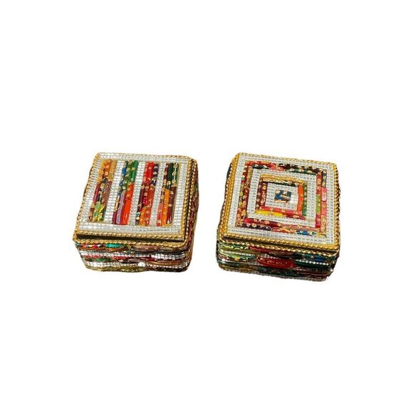 Vintage Trinket Treasure Box, Heavily Jeweled Bead Covered, Lid, India Set Of 2 - Picture 2 of 8